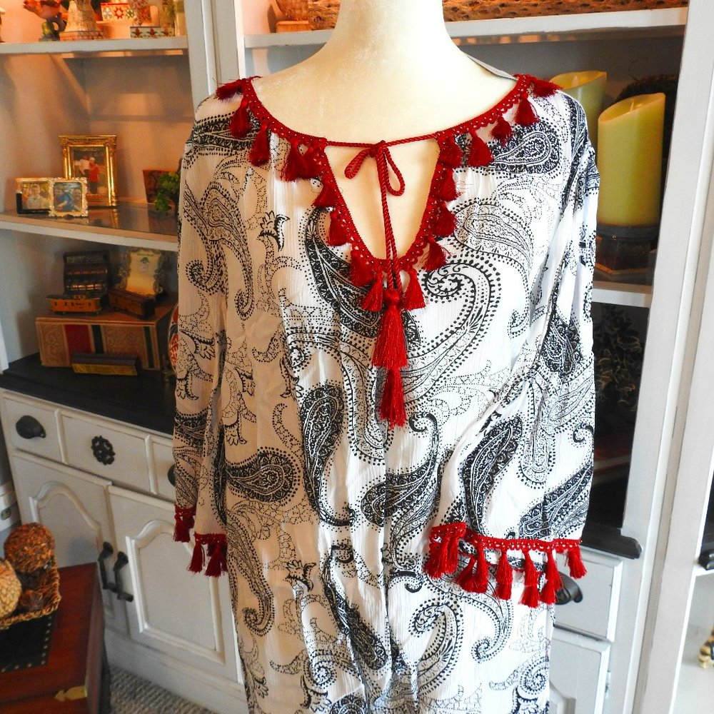 Chico's Black and white paisley blouse with red trim  Size 2 NWT